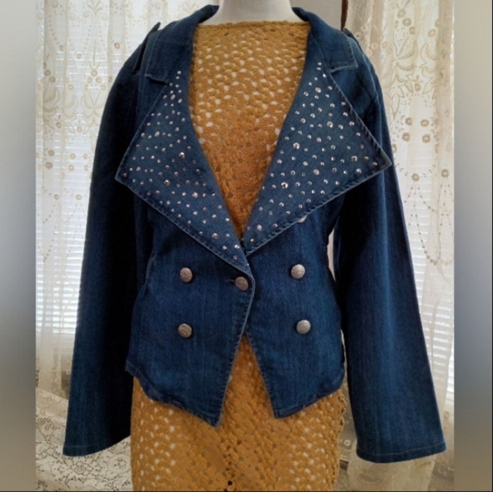 Dazzling Blue Jean Blazer Jacket. Silver Studs & Buttons